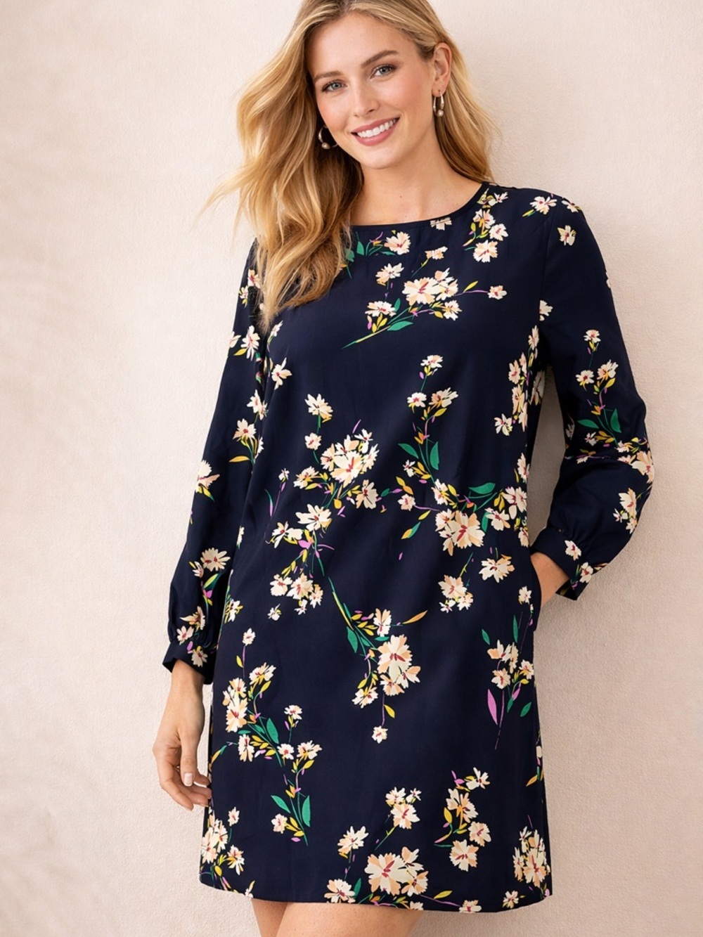 Honey Punch Women’s Navy Floral Blouse 3/4 Sleeve Lightweight Casual Top Small